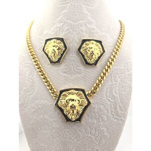 Vintage Lion Head Earrings Necklace Set Gold Tone 18" Cuban Chain Mob Wife Lux